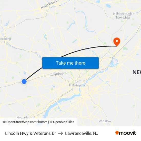 Lincoln Hwy & Veterans Dr to Lawrenceville, NJ map