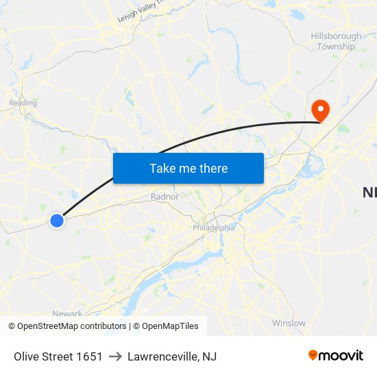 Olive Street 1651 to Lawrenceville, NJ map