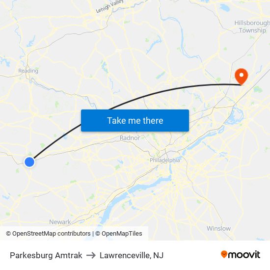 Parkesburg Amtrak to Lawrenceville, NJ map