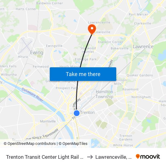 Trenton Transit Center Light Rail Sta to Lawrenceville, NJ map