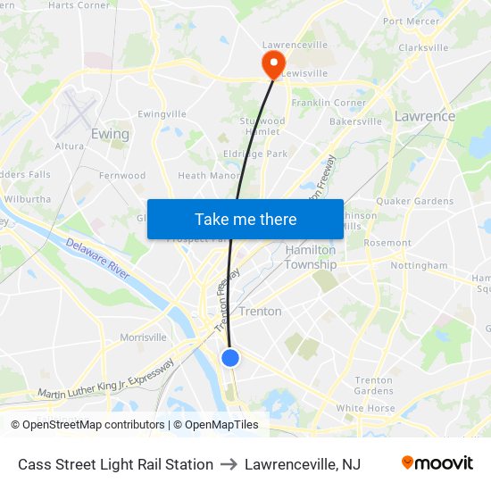 Cass Street Light Rail Station to Lawrenceville, NJ map