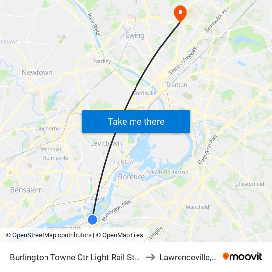 Burlington Towne Ctr Light Rail Station to Lawrenceville, NJ map