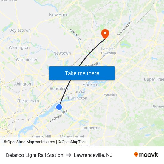 Delanco Light Rail Station to Lawrenceville, NJ map