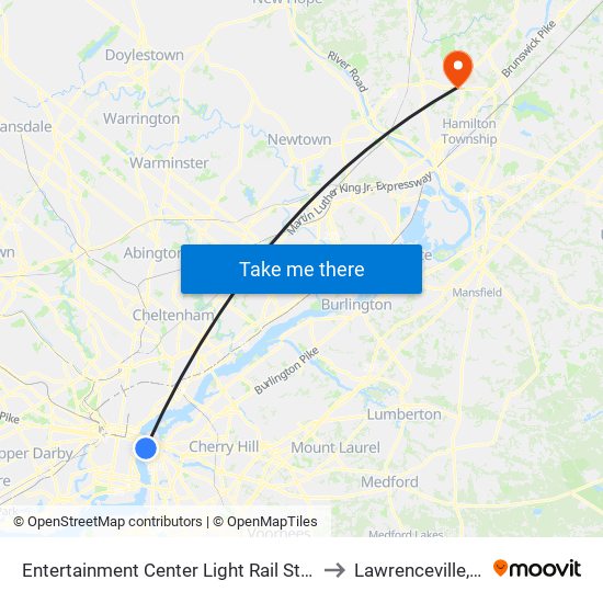 Entertainment Center Light Rail Station to Lawrenceville, NJ map