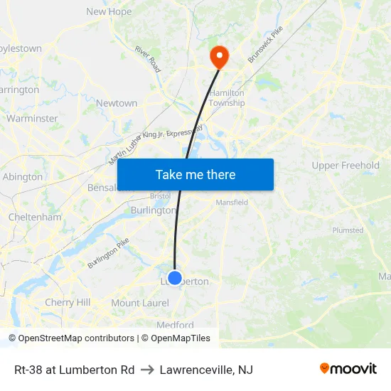 Rt-38 at Lumberton Rd to Lawrenceville, NJ map