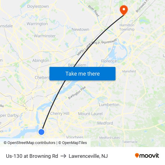 Us-130 at Browning Rd to Lawrenceville, NJ map