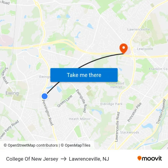 College Of New Jersey to Lawrenceville, NJ map