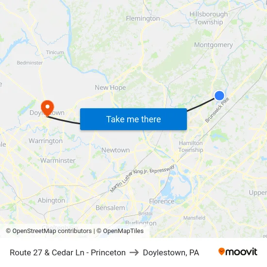 Route 27 & Cedar Ln - Princeton to Doylestown, PA map