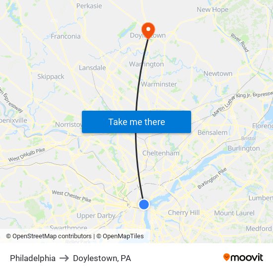 Philadelphia to Doylestown, PA map