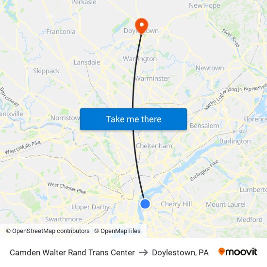 Camden Walter Rand Trans Center to Doylestown, PA map