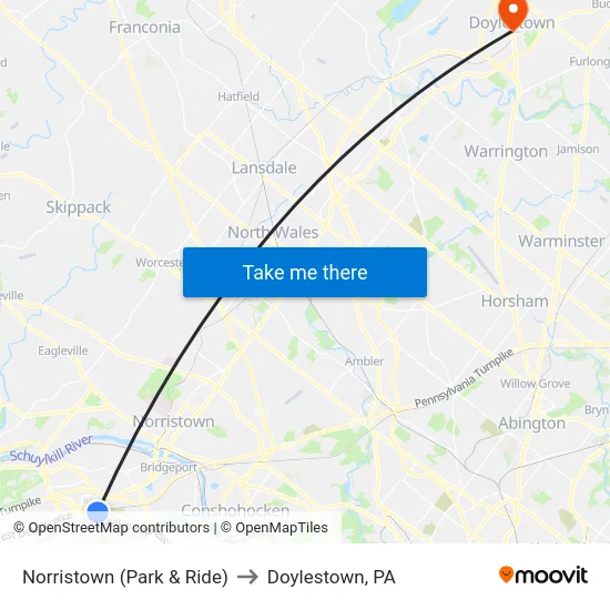 Norristown (Park & Ride) to Doylestown, PA map