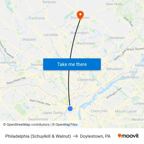 Philadelphia (Schuylkill & Walnut) to Doylestown, PA map
