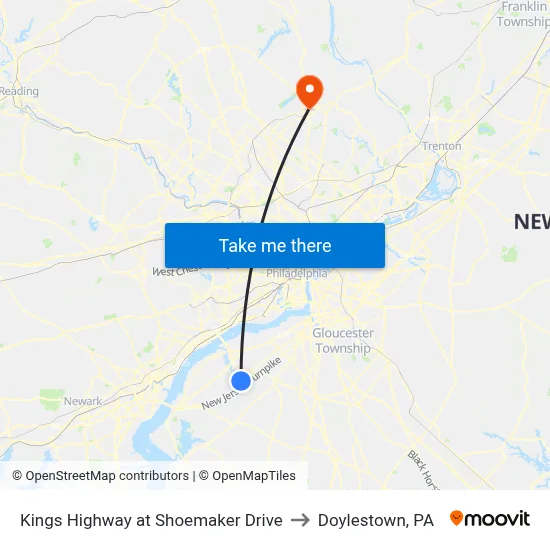 Kings Highway at Shoemaker Drive to Doylestown, PA map