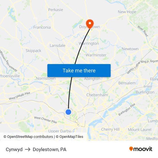 Cynwyd to Doylestown, PA map