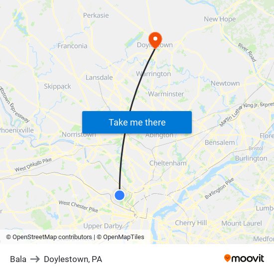 Bala to Doylestown, PA map
