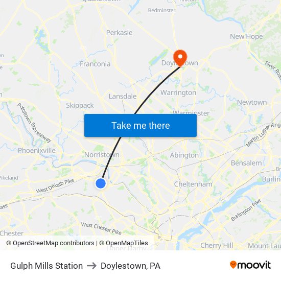 Gulph Mills Station to Doylestown, PA map