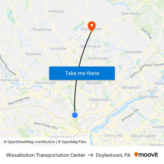Wissahickon Transportation Center to Doylestown, PA map