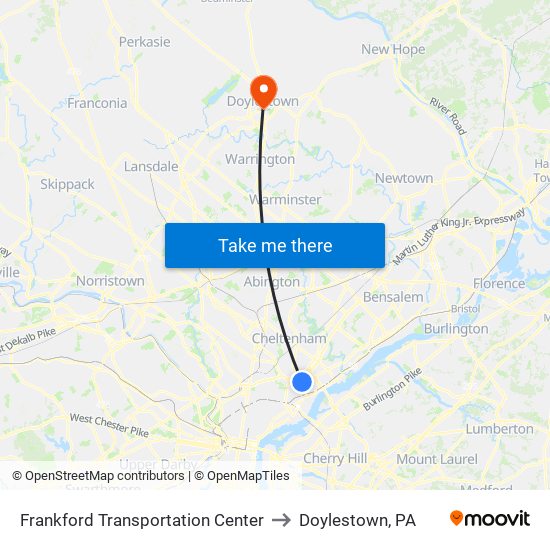 Frankford Transportation Center to Doylestown, PA map