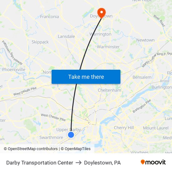 Darby Transportation Center to Doylestown, PA map