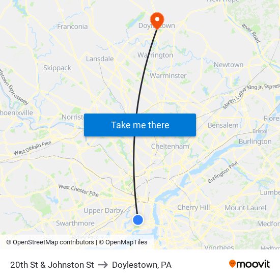 20th St & Johnston St to Doylestown, PA map