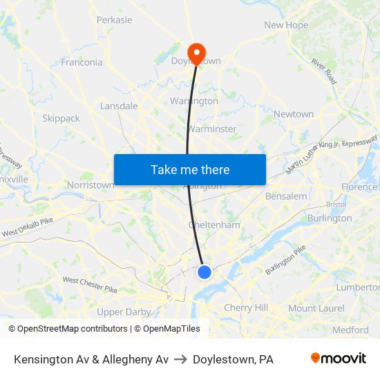 Kensington Av & Allegheny Av to Doylestown, PA map