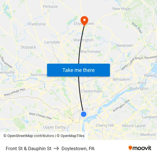 Front St & Dauphin St to Doylestown, PA map