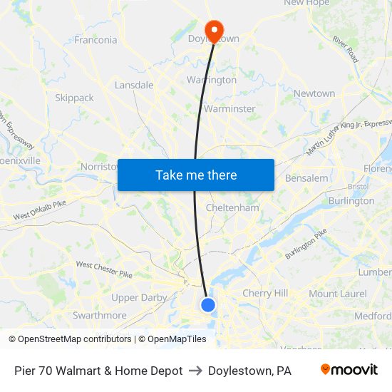 Pier 70 Walmart & Home Depot to Doylestown, PA map