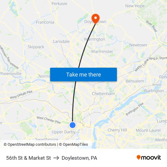 56th St & Market St to Doylestown, PA map