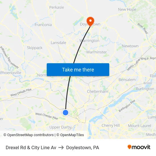 Drexel Rd & City Line Av to Doylestown, PA map
