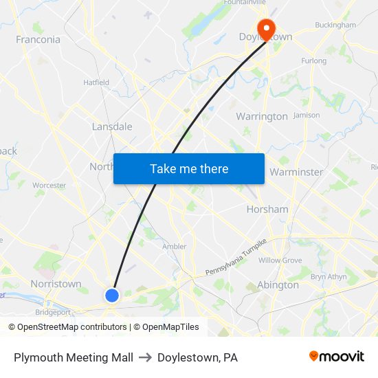 Plymouth Meeting Mall to Doylestown, PA map