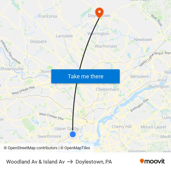 Woodland Av & Island Av to Doylestown, PA map