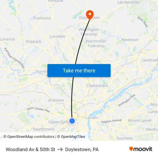 Woodland Av & 50th St to Doylestown, PA map