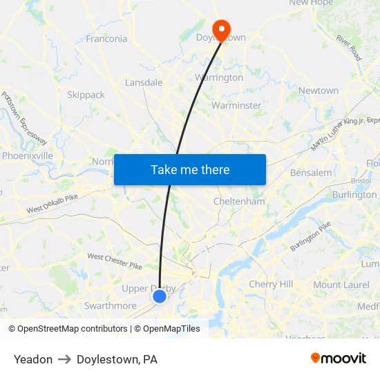 Yeadon to Doylestown, PA map