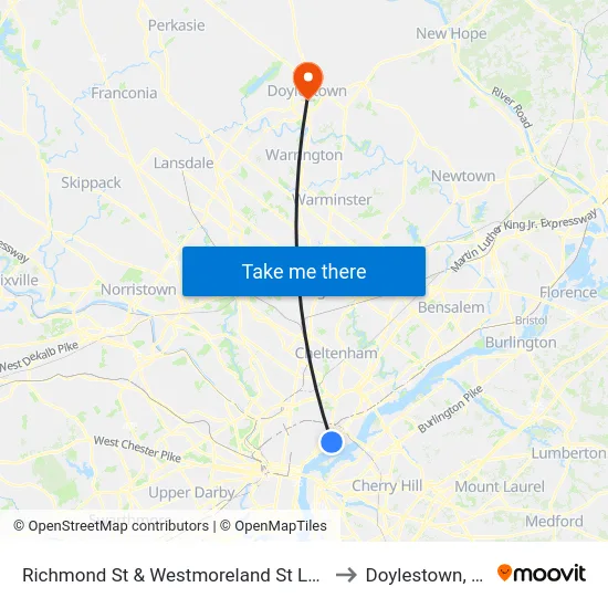 Richmond St & Westmoreland St Loop to Doylestown, PA map