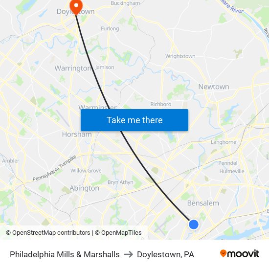 Philadelphia Mills & Marshalls to Doylestown, PA map