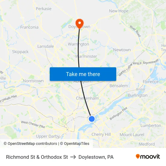 Richmond St & Orthodox St to Doylestown, PA map