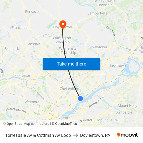 Torresdale Av & Cottman Av Loop to Doylestown, PA map