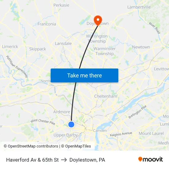 Haverford Av & 65th St to Doylestown, PA map