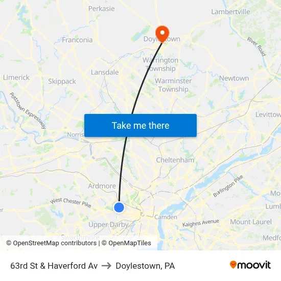 63rd St & Haverford Av to Doylestown, PA map