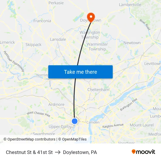 Chestnut St & 41st St to Doylestown, PA map