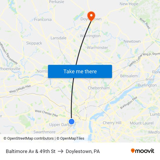Baltimore Av & 49th St to Doylestown, PA map