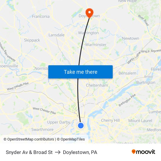 Snyder Av & Broad St to Doylestown, PA map