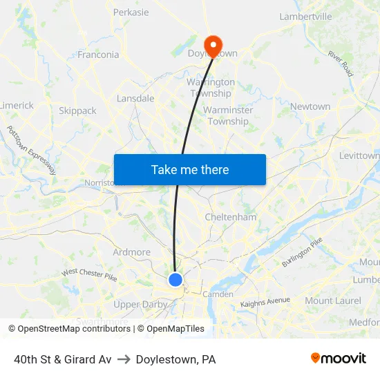 40th St & Girard Av to Doylestown, PA map