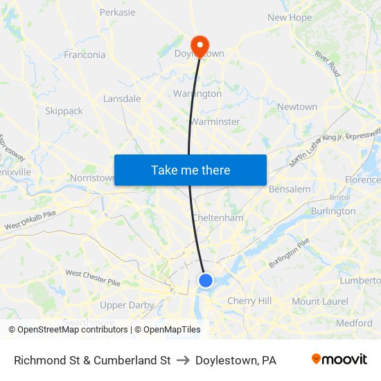 Richmond St & Cumberland St to Doylestown, PA map