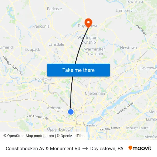 Conshohocken Av & Monument Rd to Doylestown, PA map
