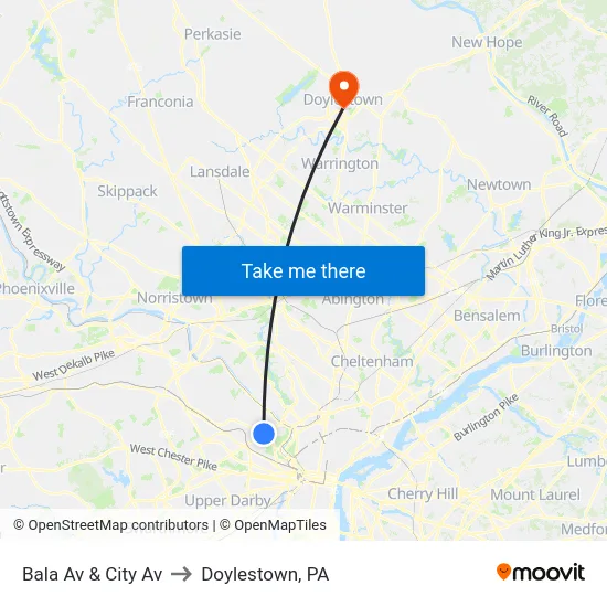 Bala Av & City Av to Doylestown, PA map