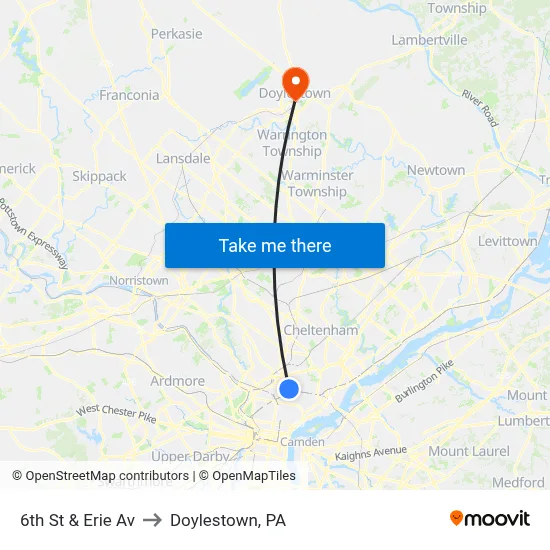 6th St & Erie Av to Doylestown, PA map