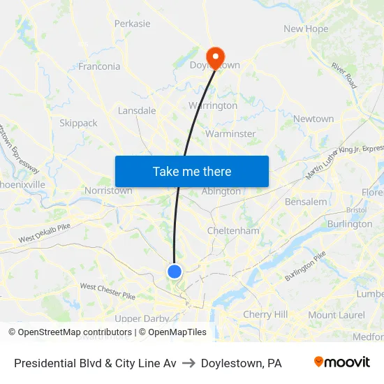 Presidential Blvd & City Line Av to Doylestown, PA map