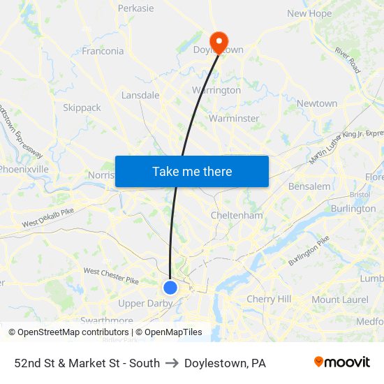 52nd St & Market St - South to Doylestown, PA map