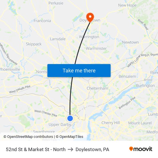 52nd St & Market St - North to Doylestown, PA map